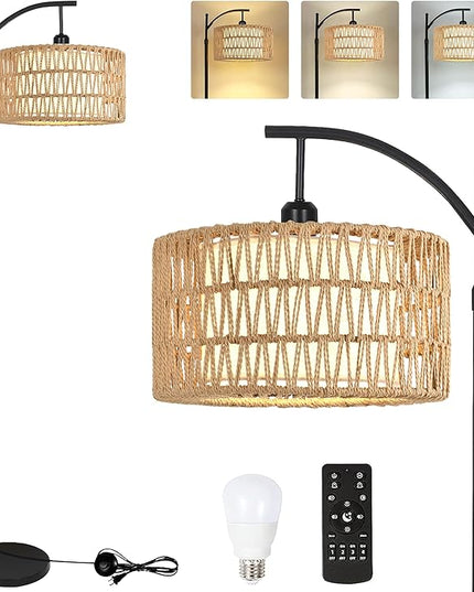 Floor Lamp for Living Room Bedroom with Remote Boho Rattan Arc Standing Lamp Dimmable Black Farmhouse Wicker Bamboo Lamp Shade Floor Light Adjustable Tall Lamp Industrial Floor Lamps Bohemian - LeafyLoom
