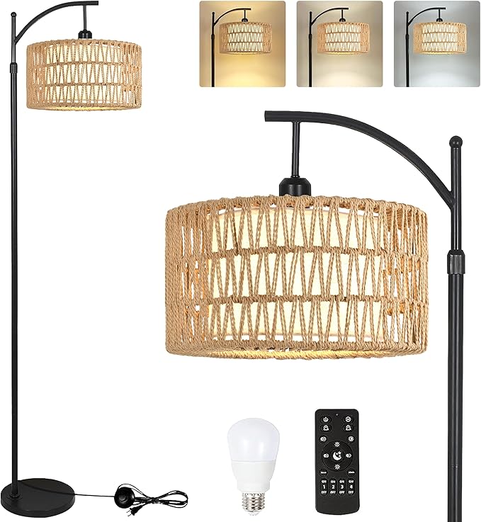Floor Lamp for Living Room Bedroom with Remote Boho Rattan Arc Standing Lamp Dimmable Black Farmhouse Wicker Bamboo Lamp Shade Floor Light Adjustable Tall Lamp Industrial Floor Lamps Bohemian - LeafyLoom