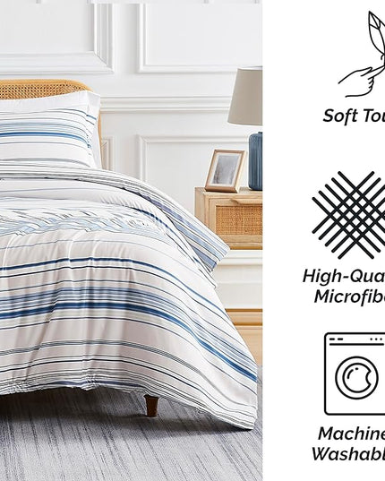 Southshore Fine Living, Inc. 3-Piece Full/Queen Comforter Set, Down Alternative All-Season Striped Comforter with 2 Shams, Soft Microfiber Bedspread, Full or Queen Bed, Coastal Stripes Blue - LeafyLoom