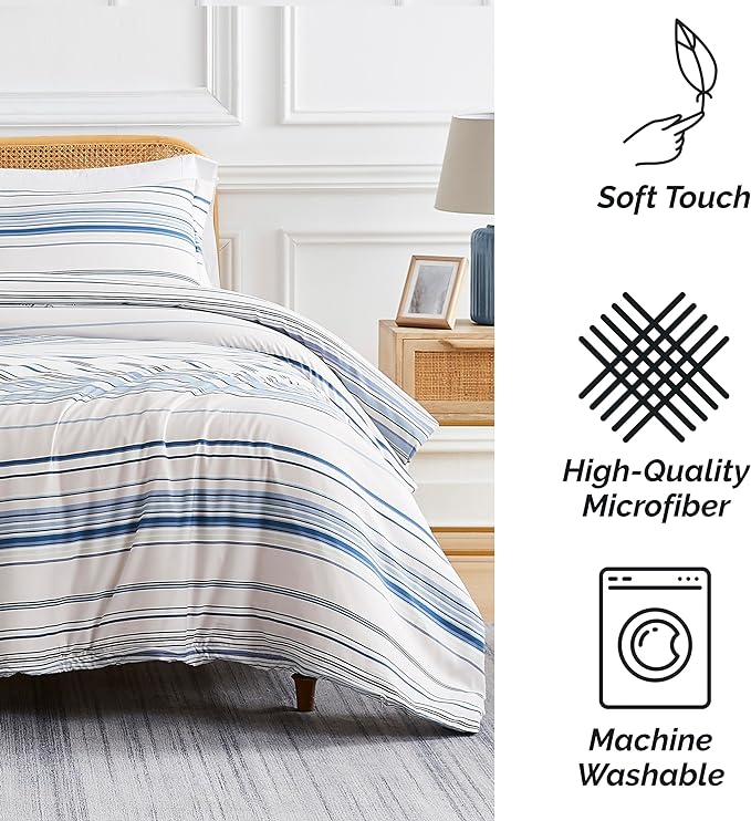 Southshore Fine Living, Inc. 3-Piece Full/Queen Comforter Set, Down Alternative All-Season Striped Comforter with 2 Shams, Soft Microfiber Bedspread, Full or Queen Bed, Coastal Stripes Blue - LeafyLoom