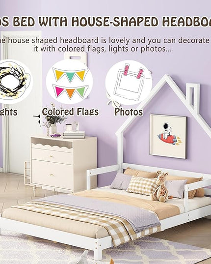 Full Size Bed Frame for Kids,House-Shaped Headboard Kids Bed,Girls Bed with Handrails,Low Platform Bed for Boys Girls,No Box Spring Needed(White) - LeafyLoom