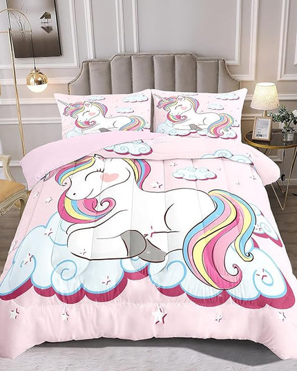 Kids Comforter Bedding Set Twin Size, 3 Piece Super Soft Breathable Print Kids Bedding Sets for Girls, Machine Washable Durable Comforter Set with Comforter and 2 Pillowcases (Twin, Pink Unicorn) - LeafyLoom