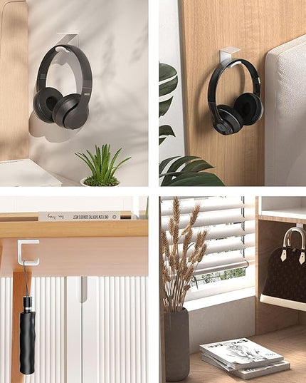 HomeMount Headphone Hook Under Desk - Headphone Holder Under Table, Adhesive Gaming Headphone Stand Hanger Desk Mount for Most Headphone(White-2P) - LeafyLoom