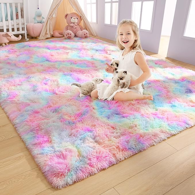AROGAN Soft Rainbow Area Rugs for Girls Room 3x5 Feet, Fluffy Girls Bedroom Rugs, Princess Rug, Cute Colorful Carpet for Kids Teens Nursery Toddler, Pink - LeafyLoom