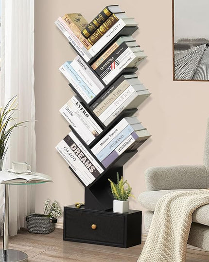 8 Tier Tree Bookshelf with Drawer, Free Standing Wood Bookcase for Living Room, Bedroom, Home Office, Space Saving Storage Organizer Bookshelves for Books, CDs, Vinyl Records- Black - LeafyLoom