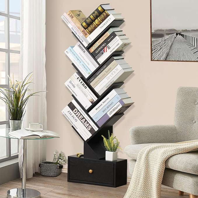 8 Tier Tree Bookshelf with Drawer, Free Standing Wood Bookcase for Living Room, Bedroom, Home Office, Space Saving Storage Organizer Bookshelves for Books, CDs, Vinyl Records- Black - LeafyLoom