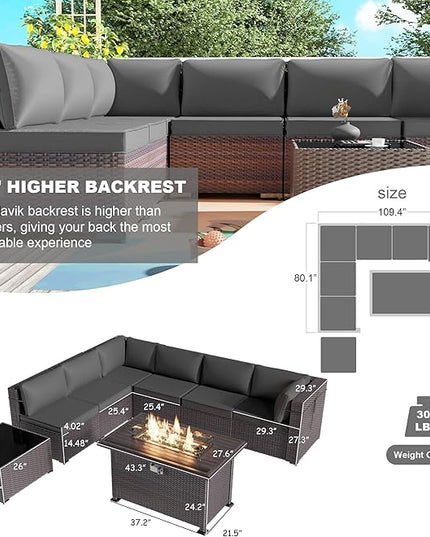 Kullavik 8 Pieces Outdoor Patio Furniture Set with 43" Gas Propane Fire Pit Table PE Wicker Rattan Sectional Sofa Patio Conversation Sets,Grey - LeafyLoom