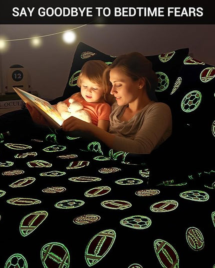 Mooreeke Glow in The Dark Twin Plush Fleece Comforter Bed Set, Soft & Warm 2 Piece Bed in A Bag with Sham, Velour Velvet Football Basketball Soccer Rugby Boys Kids Bedding Set, Fluffy Fuzzy Polar Cozy - LeafyLoom