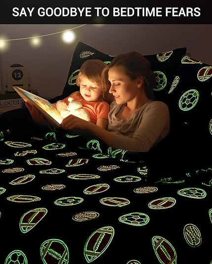 Mooreeke Glow in The Dark Full Plush Fleece Comforter Bed Set, Soft & Warm 3 Piece Bed in A Bag with Sham, Velour Velvet Football Basketball Soccer Rugby Boys Kids Bedding Set, Fluffy Fuzzy Polar Cozy - LeafyLoom