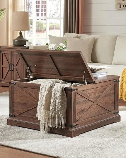 Farmhouse Square Coffee Table with Storage, Wood Center Table with Hinged Lift Top, Rustic Cocktail Table with Large Hidden Storage Compartment for Living Room, Bedroom,Brown - LeafyLoom