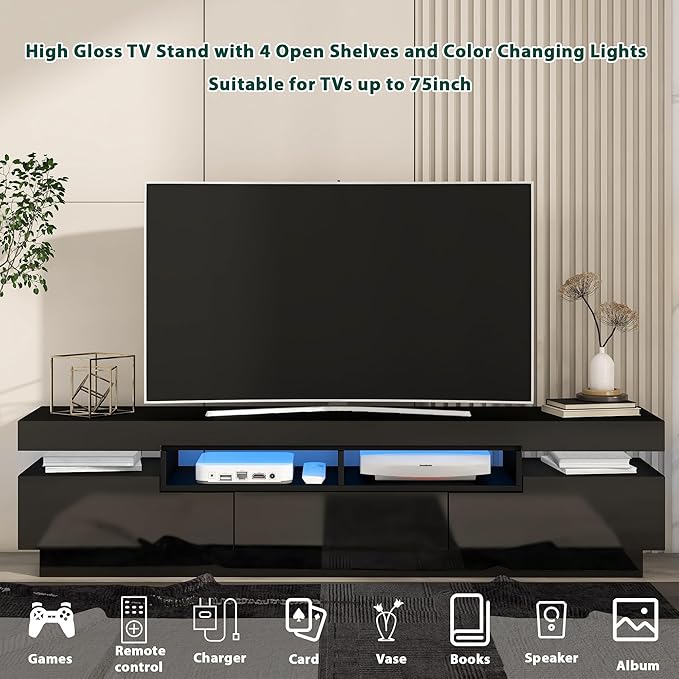 NicBex TV Stand for 75 Inch TV LED Gaming Entertainment Center Media Storage Console Table with 4 Open Shelves and 16-Color RGB LED Color Changing Light for Living Room,Bedroom,67 Inch,Black - LeafyLoom
