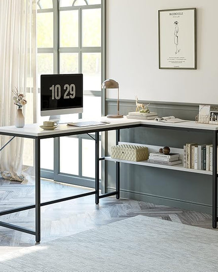 CubiCubi L Shaped Desk, 55.1 inch Corner Computer Desk with Storage Shelves, Home Office Desk with Bookshelf for Writing Gaming Study, White - LeafyLoom