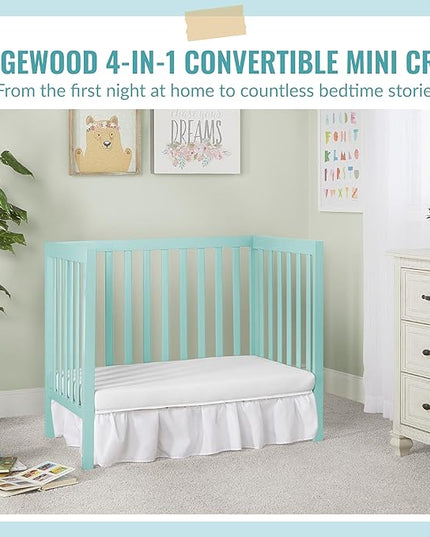 Edgewood 4-In-1 Convertible Mini Crib In Mint, JPMA Certified, Non-Toxic Finish, New Zealand Pinewood, With 3 Mattress Height Settings, Included 1" Mattress Pad - LeafyLoom
