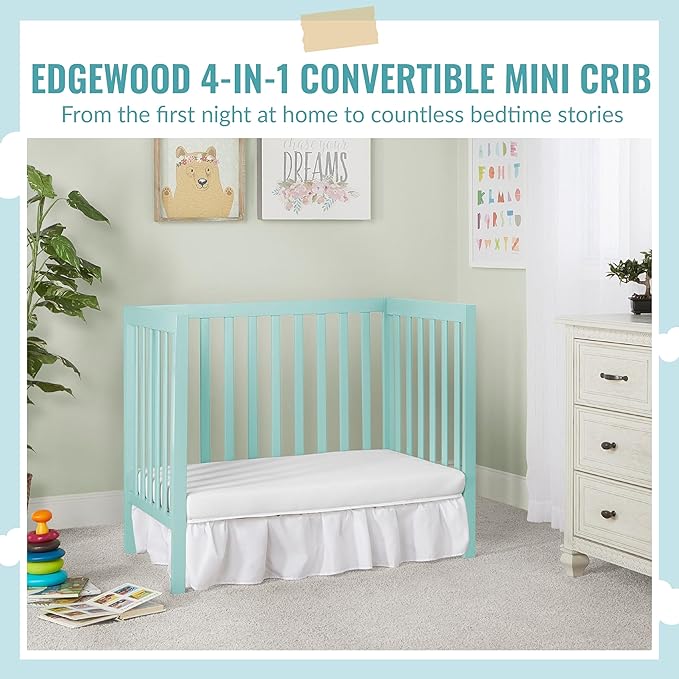 Edgewood 4-In-1 Convertible Mini Crib In Mint, JPMA Certified, Non-Toxic Finish, New Zealand Pinewood, With 3 Mattress Height Settings, Included 1" Mattress Pad - LeafyLoom