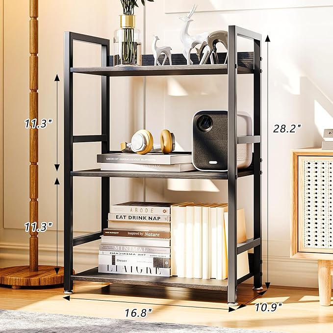 3 Tier Small Black Bookshelf, 120 lbs Weight Capacity, Small Black Bookcase for Small Spaces, Small Space Bookcase for Bedroom, Living Room, Home Office - LeafyLoom