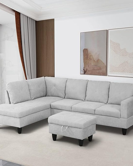 L-Shaped Sectional Couches with 66.5'' Chaise Lounge & Storage Ottoman Modular Room Sofas for Home Office Apartment, Large Living Furniture, 97'' Left Hand Facing, Grey White Flannelette - LeafyLoom