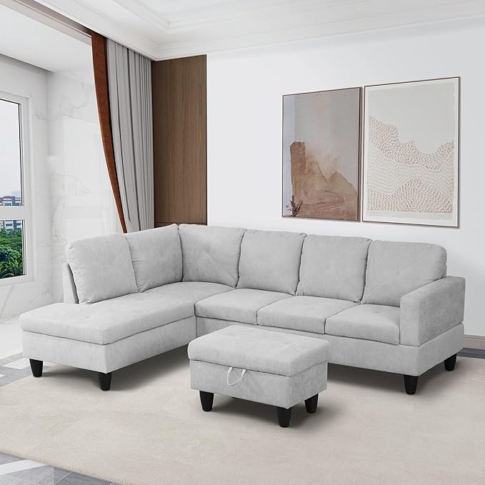 L-Shaped Sectional Couches with 66.5'' Chaise Lounge & Storage Ottoman Modular Room Sofas for Home Office Apartment, Large Living Furniture, 97'' Left Hand Facing, Grey White Flannelette - LeafyLoom