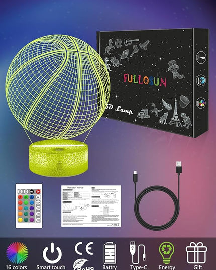 FULLOSUN Basketball Gift, Kids Basketball Night Light (with Remote Control), 3D Illumination Lights Boys Gift 16 Colors Changeable Kids Room Lighting Creative Decoration... (Basketball) - LeafyLoom