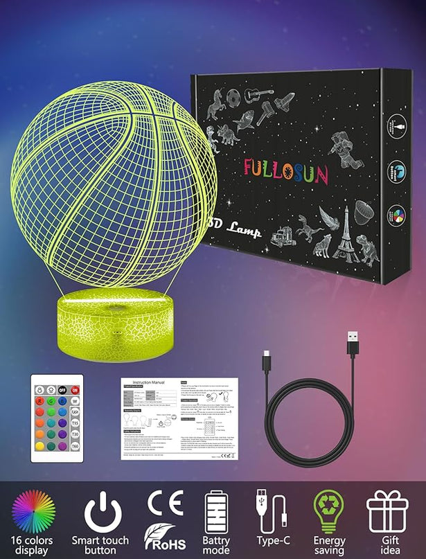 FULLOSUN Basketball Gift, Kids Basketball Night Light (with Remote Control), 3D Illumination Lights Boys Gift 16 Colors Changeable Kids Room Lighting Creative Decoration... (Basketball) - LeafyLoom