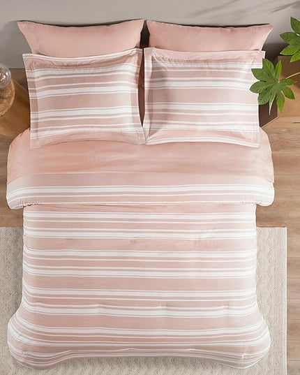 Codi Pink Comforter Set Full Size Bed 7 Piece, Striped Bed in a Bag Reversible for Teen Girls, Cationic Dyeing Bedding Sets with Comforter, Sheets, Pillowcases & Shams - LeafyLoom
