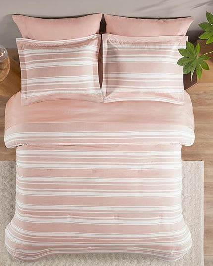 Codi Bed in a Bag Twin Size Complete Set, Pink and White Striped Single Comforter Set 5 Piece for Teen Girls, Modern Neutral Cationic Dyeing Bed Sets with Comforter, Sheets, Pillowcases & Shams - LeafyLoom