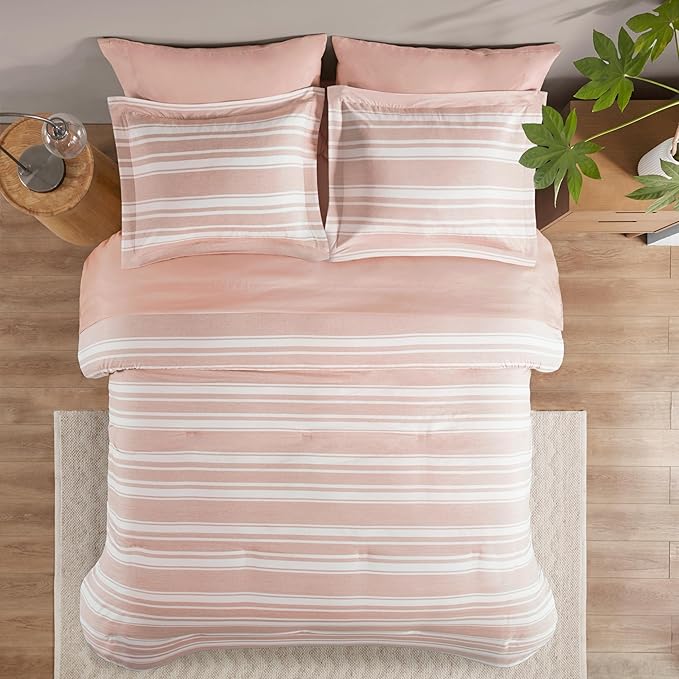Codi Teen Girl Bedding Full Size, Pink Striped Bed in a Bag Reversible All Season Bed Set, 7 Piece Comforter Set with 2 Pillow Shams, Flat Sheet, Fitted Sheet and 2 Pillowcases - LeafyLoom