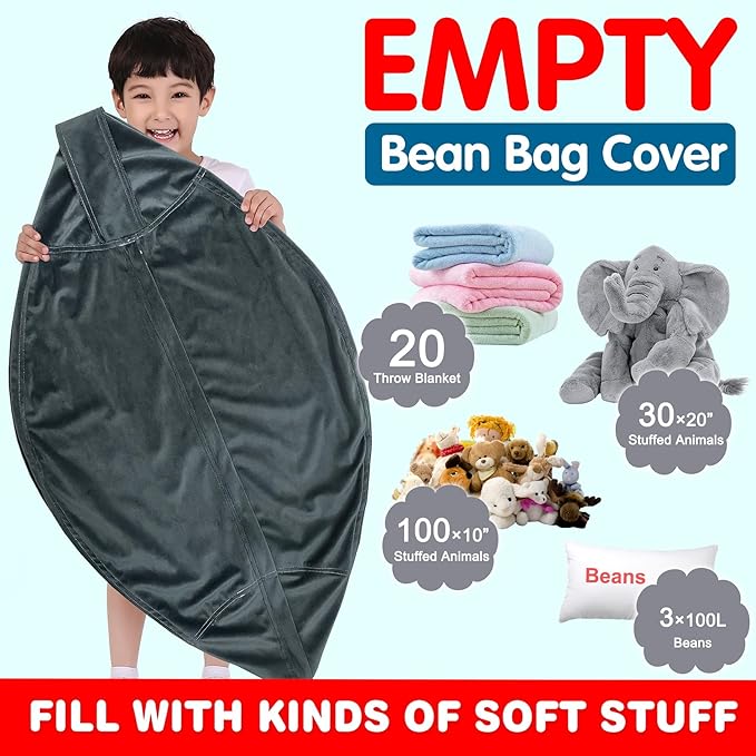 Lukeight Stuffed Animal Storage Bean Bag Chair Cover for Kids, Zipper Beanbag Chair Cover for Organizing Toddler & Kids' Rooms Plush Toys (Dark Gray Velvet, XX-Large) - LeafyLoom