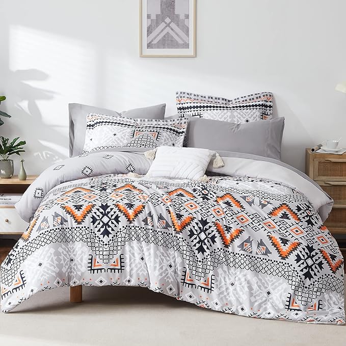 CASAAGUSTO Queen Comforter Set, 8 Pieces Gray Orange Boho Comforter Set, Microfiber Cozy Bohomian Bedding Set with Decor Pillow, Lightweight Breathable for All Seasons - LeafyLoom