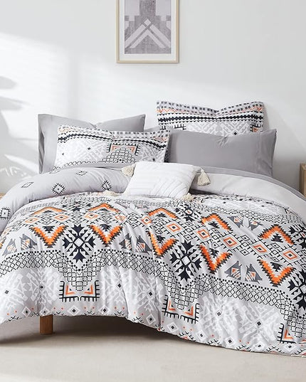 CASAAGUSTO King Comforter Set, 8 Pieces Gray Orange Boho Comforter Set, Microfiber Cozy Bohomian Bedding Set with Decor Pillow, Lightweight Breathable for All Seasons - LeafyLoom