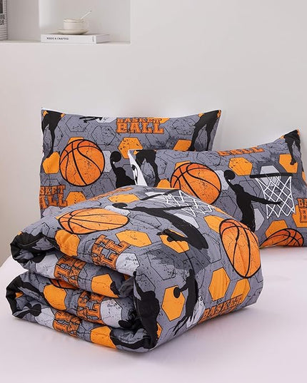 Btargot 3 Piece Grey Geometric Basketball Comforter Set Twin for Boys Teens, 3D Sports Bedding,Soft Microfiber Reversible Quilt with 2 Matching Pillow Shams, Yellow - LeafyLoom