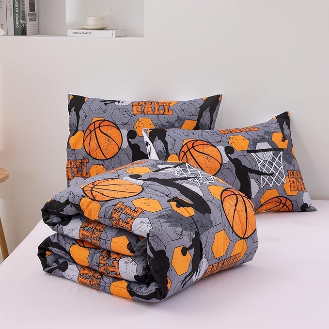 Btargot 3 Piece Grey Geometric Basketball Comforter Set Twin for Boys Teens, 3D Sports Bedding,Soft Microfiber Reversible Quilt with 2 Matching Pillow Shams, Yellow - LeafyLoom