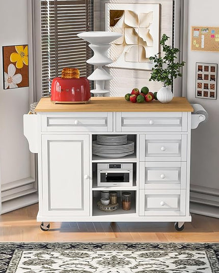 Kitchen Island with Storage on Wheels, Kitchen Island Cart w/Storage Cabinets and 5 Drawers, 2 Adjustable Shelf, Wood Countertop& Spice Rack for Dinning Room, Coffee Bar, - LeafyLoom