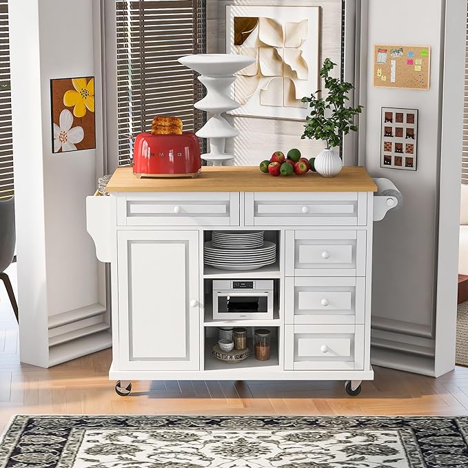 Kitchen Island with Storage on Wheels, Kitchen Island Cart w/Storage Cabinets and 5 Drawers, 2 Adjustable Shelf, Wood Countertop& Spice Rack for Dinning Room, Coffee Bar, - LeafyLoom