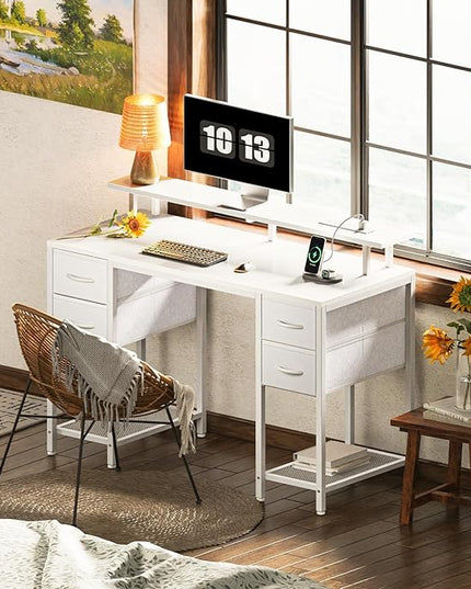 47 inch Computer Desk with 4 Drawers, Gaming Desk with LED Lights & Power Outlets, Home Office Desk with Large Storage Space for Bedroom, Work from Home, White - LeafyLoom