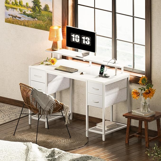 47 inch Computer Desk with 4 Drawers, Gaming Desk with LED Lights & Power Outlets, Home Office Desk with Large Storage Space for Bedroom, Work from Home, White - LeafyLoom