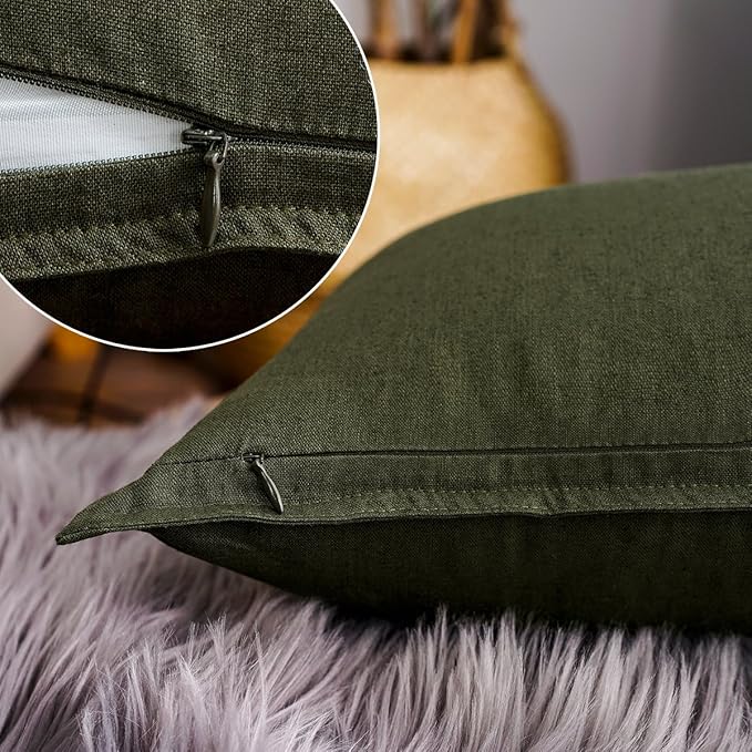 Jeanerlor Pack of 2 24 x 24 Inch Cotton Linen Soft Soild Decorative Square Throw Pillow Covers Green Cushion Case Set for Bedroom/Sofa/Car 60 x 60cm,Olive Green - LeafyLoom