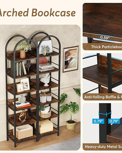 78.7 Inches Tall Arched Bookshelf, 6 Tiers Skinny Open Bookcase with Metal Frame, Freestanding Corner Display Shelves Rack for Living Room, Home Office, Brown - LeafyLoom