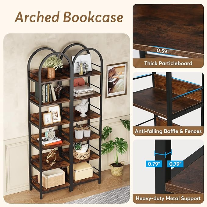 78.7 Inches Tall Arched Bookshelf, 6 Tiers Skinny Open Bookcase with Metal Frame, Freestanding Corner Display Shelves Rack for Living Room, Home Office, Brown - LeafyLoom