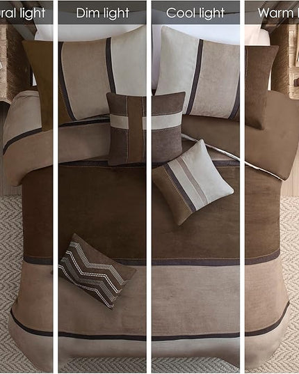 Madison Park Palisades Comforter Set Modern Faux Suede Pieced Stripe Design, All Season Down Alternative Cozy Bedding with Matching Shams, Decorative Pillows, Queen(90"x90"), Brown 7 Piece - LeafyLoom