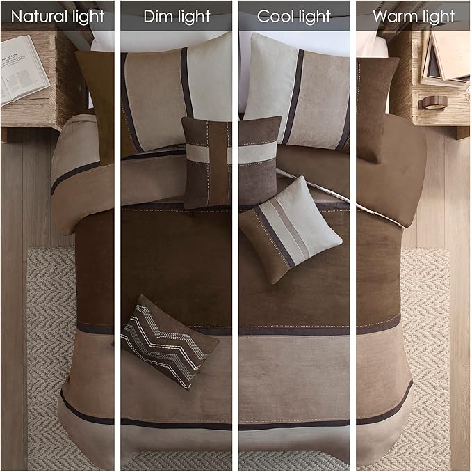Madison Park Palisades Comforter Set Modern Faux Suede Pieced Stripe Design, All Season Down Alternative Cozy Bedding with Matching Shams, Decorative Pillows, Queen(90"x90"), Brown 7 Piece - LeafyLoom