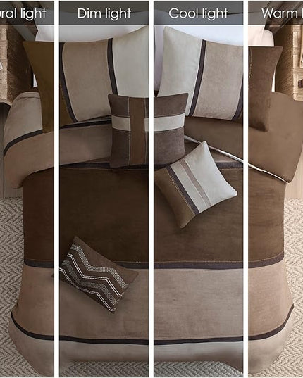 Madison Park Palisades Comforter Set Modern Faux Suede Pieced Stripe Design, All Season Down Alternative Cozy Bedding with Matching Shams, Decorative Pillows, Cal King(104"x92"), Brown 7 Piece - LeafyLoom