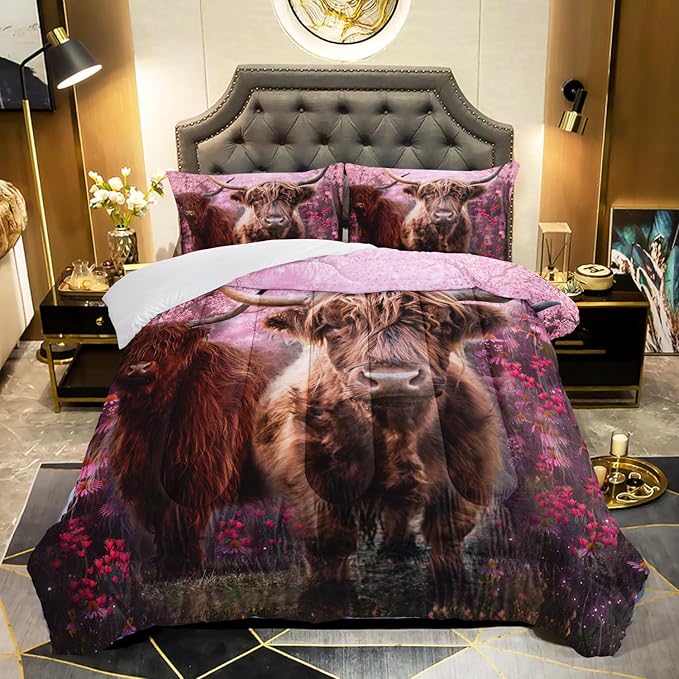 Cow Print Comforter Set Twin Size Cherry Blossoms Cow Bedding Set Farmhouse Animals Quilt Bed Set with 1 Comforter and 2 Pillowcases - LeafyLoom