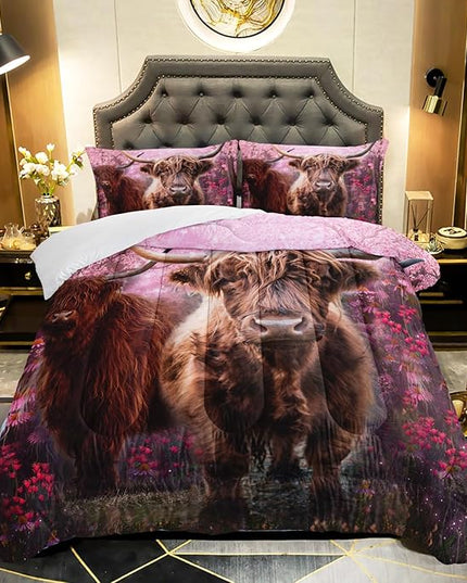 Cow Print Comforter Set Queen Size Cherry Blossoms Cow Bedding Set Farmhouse Animals Quilt Bed Set with 1 Comforter and 2 Pillowcases - LeafyLoom