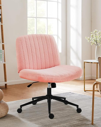 Sweetcrispy Criss Cross Chair Legged, Armless Office Desk Chair with Wheels, Swivel Vanity Chair, Height Adjustable Wide Seat Computer Task Chair, Fabric Vanity Modern Home Chair Pink - LeafyLoom