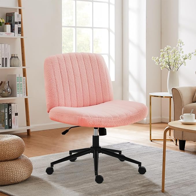 Sweetcrispy Criss Cross Chair Legged, Armless Office Desk Chair with Wheels, Swivel Vanity Chair, Height Adjustable Wide Seat Computer Task Chair, Fabric Vanity Modern Home Chair Pink - LeafyLoom