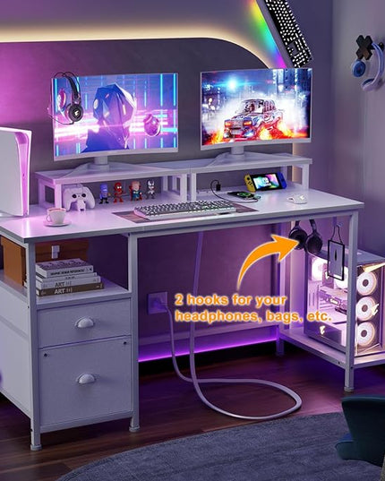 Furologee White Computer Desk with Drawer and Power Outlets, 47" Office Desk with 2 Monitor Stands and Fabric File Cabinet, Writing Gaming Table with Shelves and 2 Hooks for Home Office - LeafyLoom