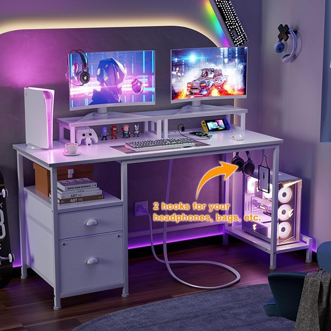Furologee White Computer Desk with Drawer and Power Outlets, 47" Office Desk with 2 Monitor Stands and Fabric File Cabinet, Writing Gaming Table with Shelves and 2 Hooks for Home Office - LeafyLoom