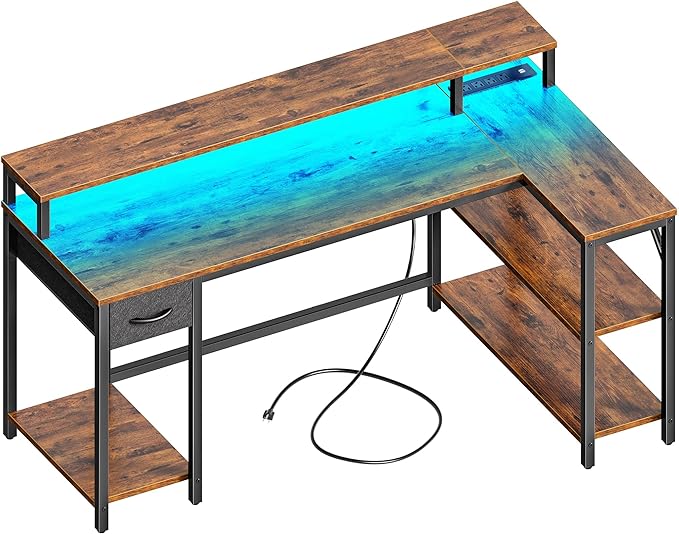 SUPERJARE 53 inch Reversible L Shaped Desk with LED Lights & Power Outlets, Computer Desk with Shelves & Monitor Stand, Gaming Desk with Drawer, Home Office Desk Corner Desk, Rustic Brown - LeafyLoom