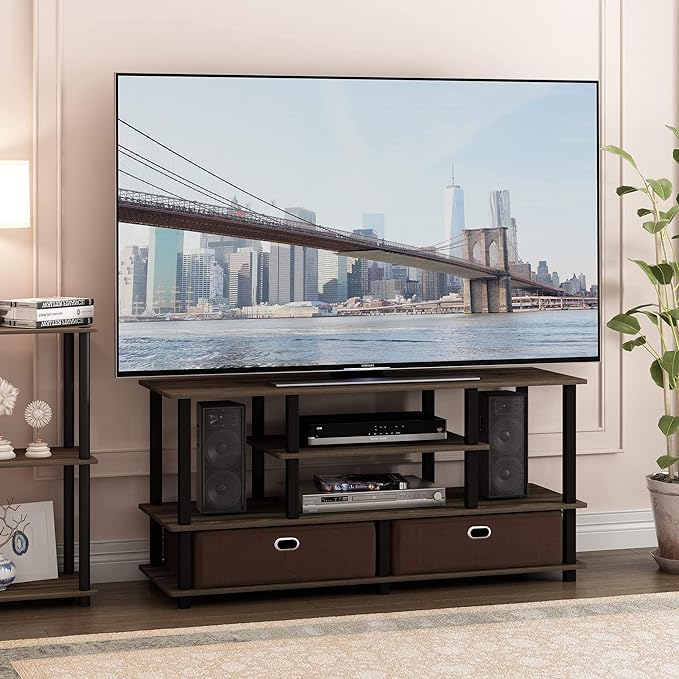 Furinno JAYA Large Stand for up to 50-Inch TV, Columbia Walnut/Black/Dark Brown - LeafyLoom