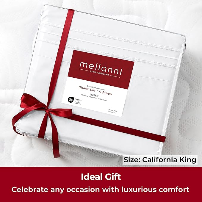 Mellanni California King Sheets Set - 4 PC Iconic Collection Bedding Sheets & Pillowcases - Hotel Luxury, Extra Soft, Cooling Bed Sheets - Deep Pocket up to 16 inch (Cal King, White) - LeafyLoom